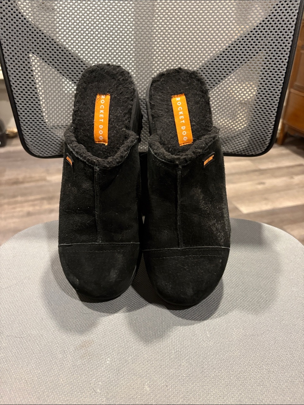 Rocket Dog Black Suede Shearling-Lined Slip-On Clog Mules